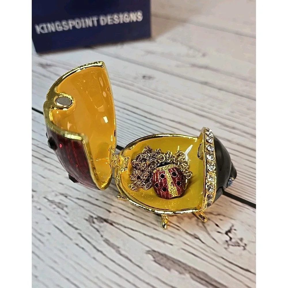 Kingspoint Designs Ladybug trinket box w/ necklace red enamel Jewelry Rhinestone